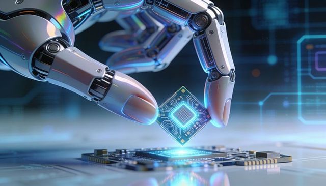 Robotic arm installing glowing microchip on circuit board for ai hardware precision assembly