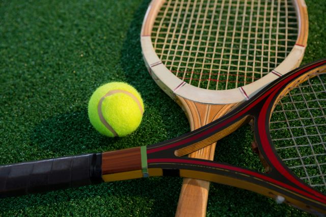 Close up view of two wooden tennis rackets and a tennis ball on a grass field. Ideal for use in sports-related content, vintage sports equipment themes, or outdoor activity promotions.
