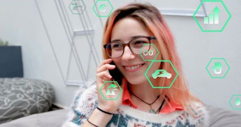 Young Woman Engaged in Digital Communication with Eco Icons