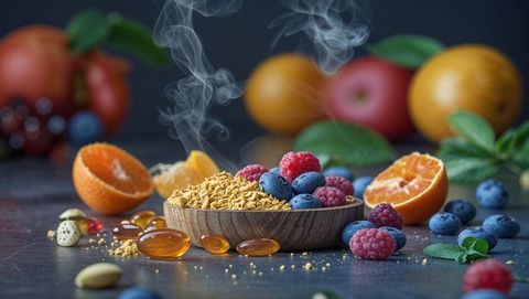Wellness ingredients including steaming bowl with berries and capsules