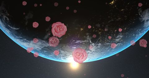 Digital roses enveloping earth with radiant horizon