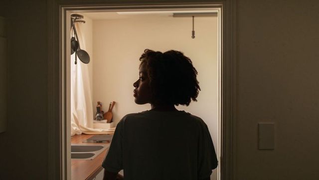Backlit silhouette of woman standing in doorway overlooking warm moody kitchen interior