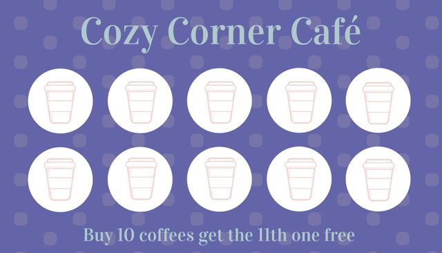 Healthy loyalty card from Cozy Corner Café offering a free coffee after 10 purchases is displayed. Perfect for businesses looking to build customer loyalty through a rewards program.