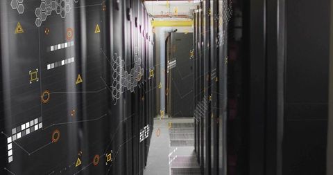 Narrow Corridor with Server Racks and Grid Overlay in High-Tech Data Center