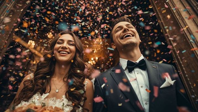 Joyful Wedding Couple Celebrating Under Confetti Shower