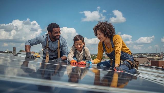 Diverse family inspecting solar panels on urban rooftop