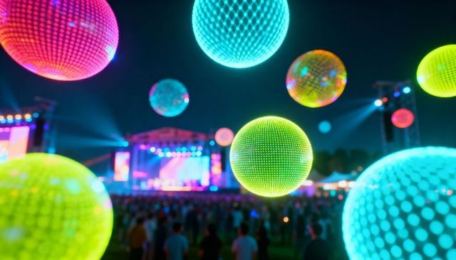 Neon led orbs floating above crowd at nighttime music festival stage with colorful lights