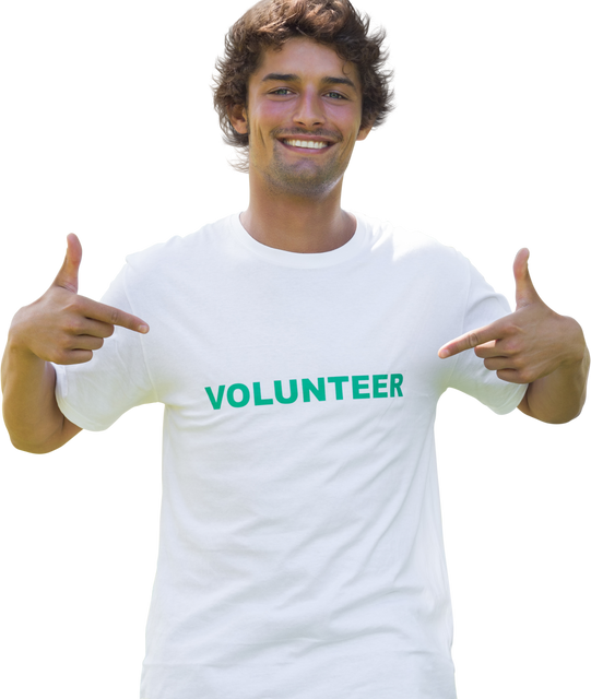 Man Enthusiastically Wearing Volunteer T-shirt with Transparent Background - Download Free Stock Videos Pikwizard.com