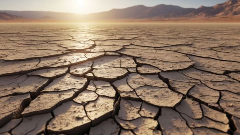 Cracked earth in desert valley at sunrise amidst drought with mountain backdrop