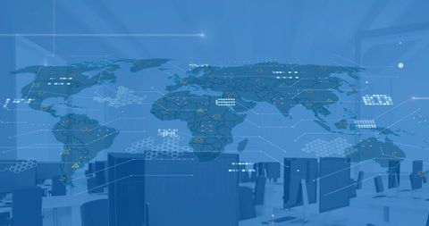 Digital World Map Overlay on Office Computers Visualizing Global Finance Data - Download Free Stock Images Pikwizard.com