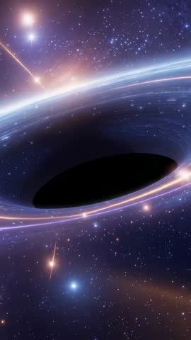 Vertical Cosmic Vortex: Pulsing Accretion Disk Swirling into Black Hole, Radiant Jet Trails