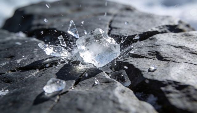 Shattering ice cube impacting cracked rock sending crystal shards and water droplets