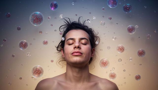 Young man floating among translucent bio-bubbles with red filaments, surreal mindfulness