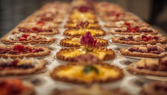 Displaying lemon-curd tarts and mixed-berry pies lining buffet table with floral garnish