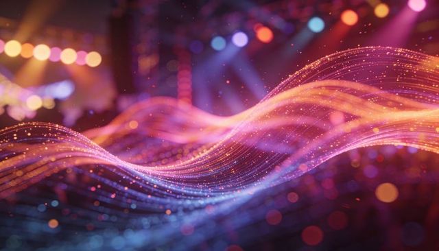 Flowing luminous particle wave with colorful bokeh, glowing ribbons and stage lights glow