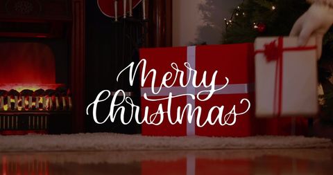 Digital Festive Greeting by Cozy Fireplace with Wrapped Gift