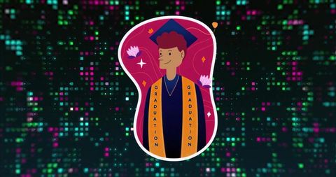 Graduate wearing mortarboard and orange stole celebrating on vibrant neon pixel background