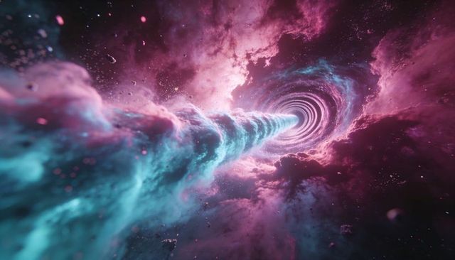 Spiraling aqua gas plume toward ringed vortex pulling debris through magenta cyan nebula
