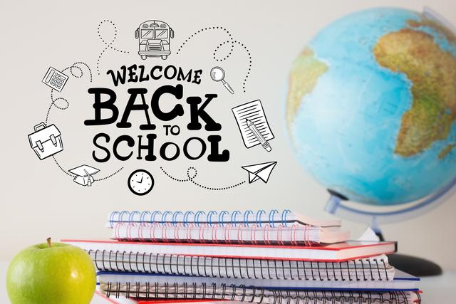 Composite of welcome back to school text with notebooks globe and apple