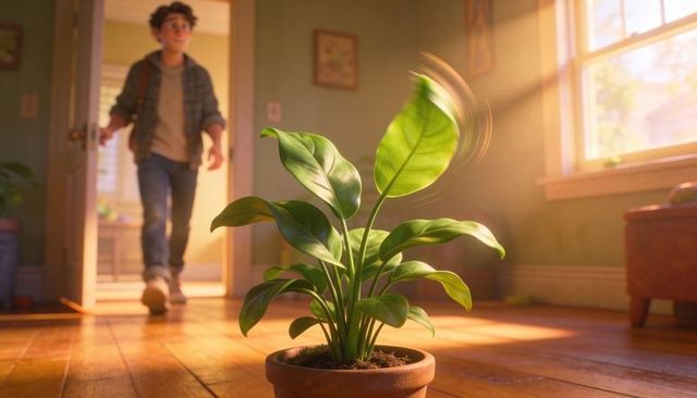 Sunlit houseplant swaying in terracotta pot on wooden floor with young man entering