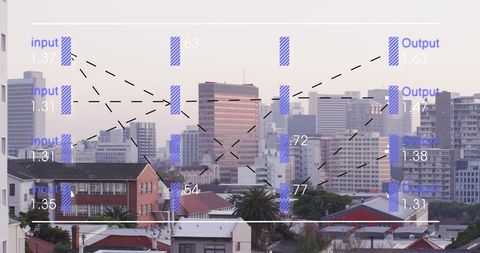 Abstract Financial Data Visualization Over Cityscape