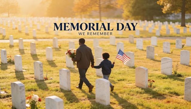 Father and son walking among headstones holding american flag and bouquet memorial tribute