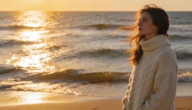Woman reflecting at sunset on windy beach wearing chunky cable-knit sweater