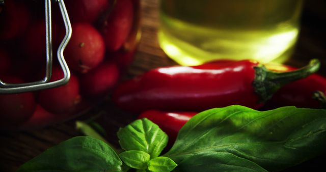 Fresh basil leaves, red chili peppers, and a bottle of olive oil are showcased, with copy space - Download Free Stock Photos Pikwizard.com