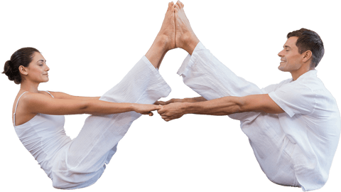 Caucasian Couple Performing Yoga Partner Pose on Transparent Background