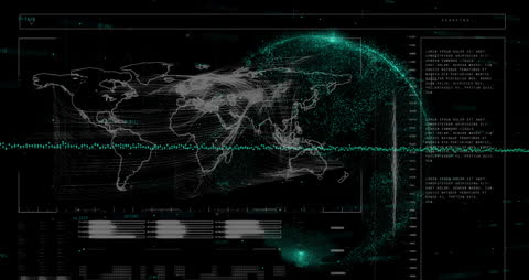 Futuristic Digital Interface with World Map and Data Visualization