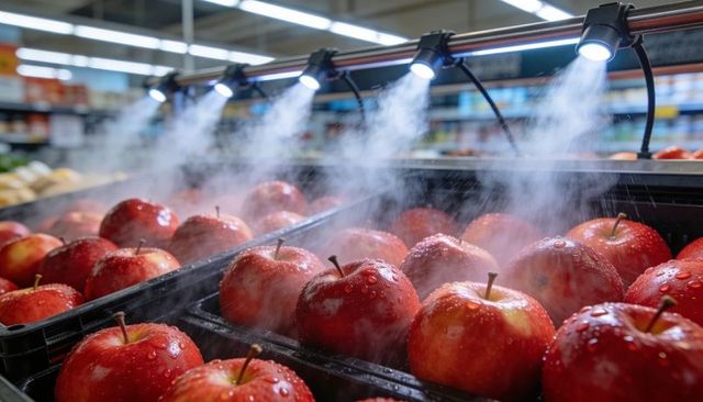 Red apples receiving fine misting under led lights showing fresh dew and water droplets