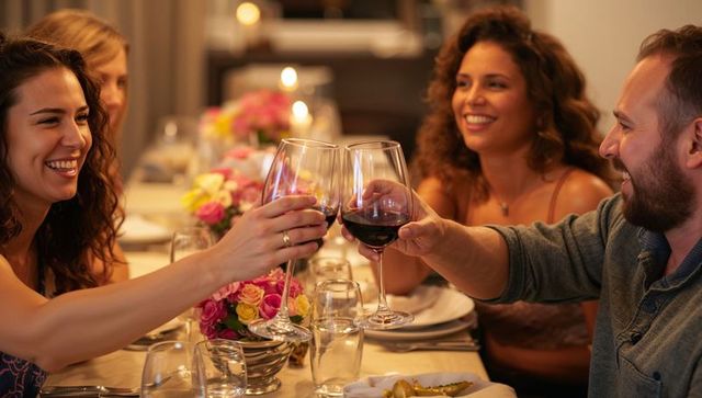 Friends toasting with red wine around candlelit dinner table celebrating evening friendship