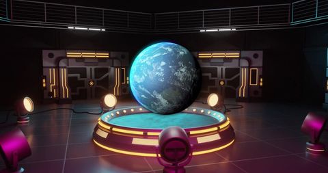 Spinning earth hologram in futuristic technology room