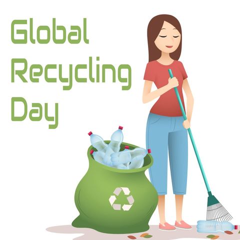 global recycling day campaign with smiling woman collecting plastic bottles - Download Free Stock Templates Pikwizard.com