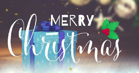 Merry Christmas Blue Gift Box with Snowflakes, Purple Ribbon, Holly and Festive Glow