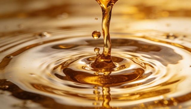 Pouring amber syrup forming crown splash and ripples with golden reflections macro closeup