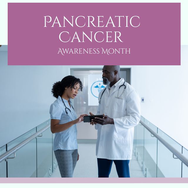 Composition of pancreatic cancer awareness month text with diverse doctors over purple background. Pancreatic cancer awareness month and celebration concept digitally generated image.