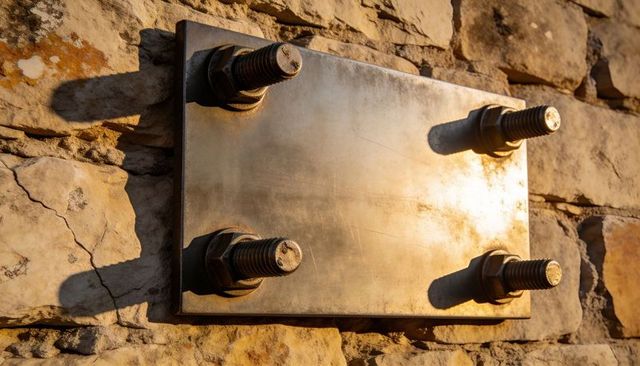 Glinting stainless steel anchor plate with four bolts closeup on sunlit limestone wall