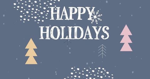 Happy holidays distressed lettering pastel trees snowfall minimalist winter greeting