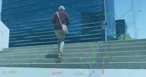 Senior Man Walking in Corporate Park with Digital Graphs Overlay