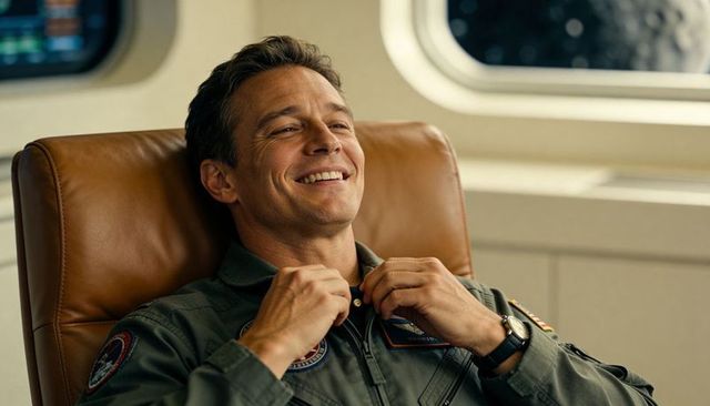 Smiling astronaut captain reclining in spacecraft cabin adjusting collar and zipper