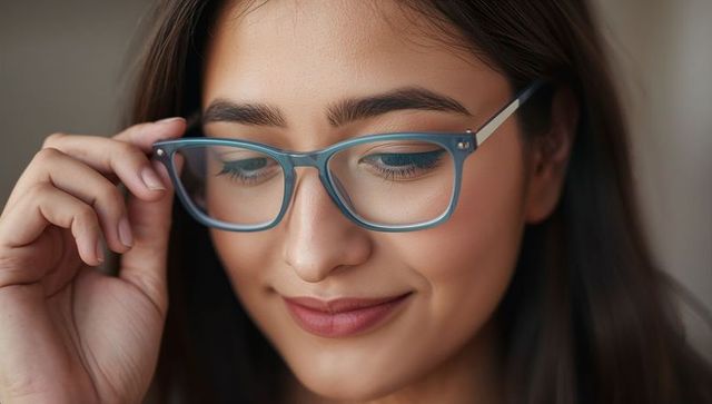 Adjusting teal glasses closeup young woman smiling softly stylish eyewear headshot