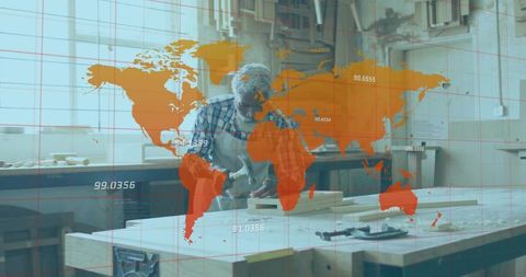 Carpenter Working with World Map Overlay Highlighting Global Craftsmanship