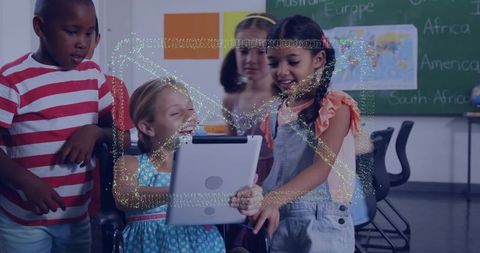Diverse Elementary Students Gathering Around Tablet in Inclusive Classroom with Wheelchair