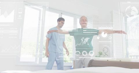 Senior man performing balance exercise with clinician and ar data overlays in bedroom