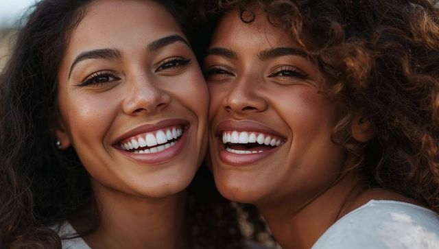 Two women smiling closeup sunlit friendship portrait showing natural joy