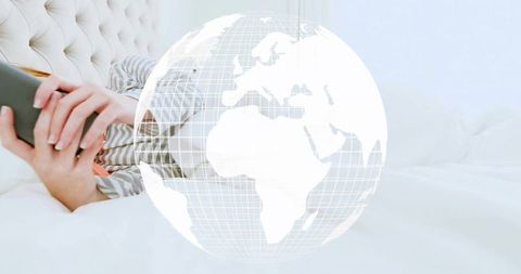 Woman Relaxing with Smartphone in Bed with Global Grid Overlay