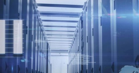 Futuristic Data Center Aisle with Digital Overlays