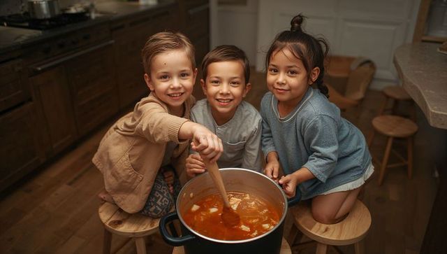 Three Children Stirring Hearty Stew Together in Cozy Rustic Kitchen, Smiling and Bonding