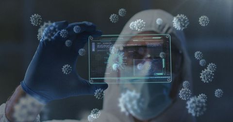 Medical researcher analyzing covid-19 in futuristic lab
